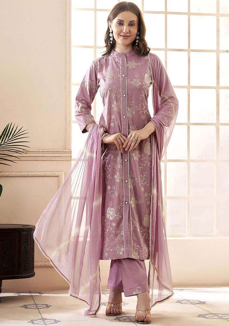 Mauve Embroidered Cotton Kurta Set - Indya