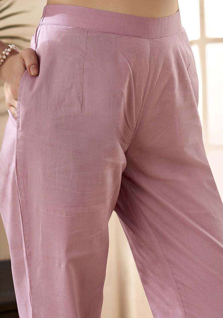 Mauve Embroidered Cotton Kurta Set - Indya