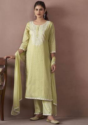 Lime Green Embroidered Cotton Kurta Set