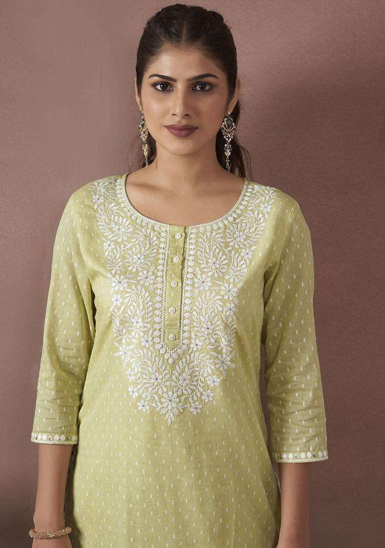 Lime Green Embroidered Cotton Kurta Set - Indya