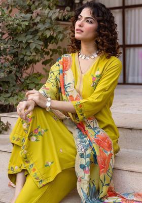 Lime Green Embroidered Viscose Kurta Set