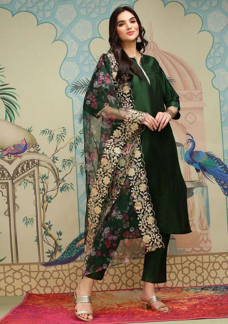 Green Solid Silk Blend Kurta Set - Indya
