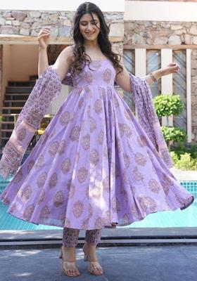 Purple Printed Viscose Anarkali Set