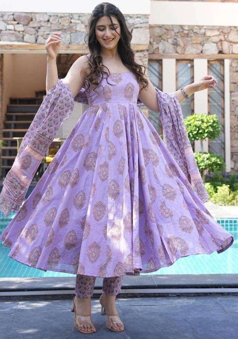 Purple Printed Viscose Anarkali Set - Indya