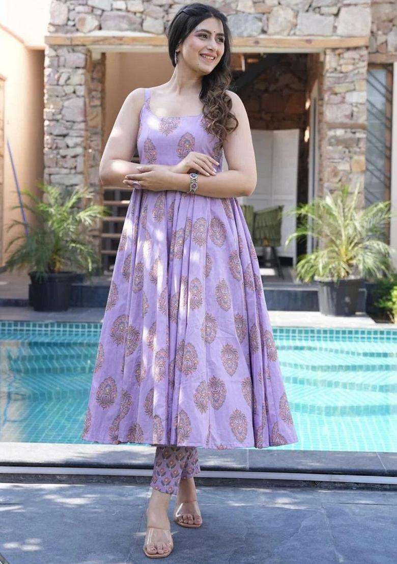 Purple Printed Viscose Anarkali Set - Indya
