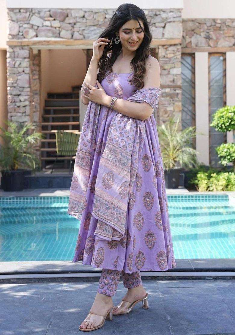 Purple Printed Viscose Anarkali Set - Indya