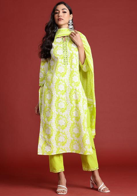 Fluorescent Green Printed Cotton Kurta Set — view on Indya