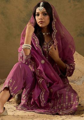 Burgundy Embroidered Silk Blend Kurta Set