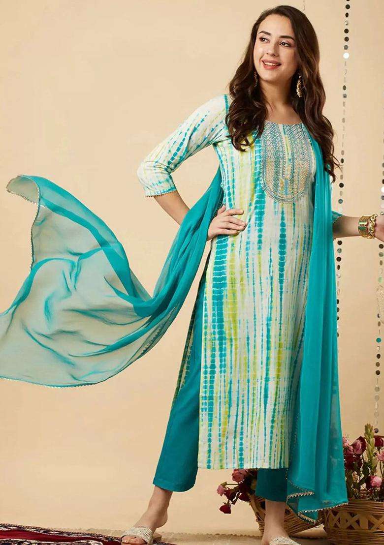 Blue Dyed Viscose Kurta Set - Indya