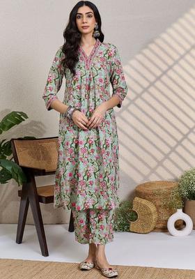 Sea Green Printed Cotton Kurta Set