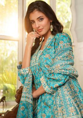 Turquoise Blue Printed Cotton Kurta Set