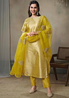 Mustard Woven Design Silk Blend Kurta Set