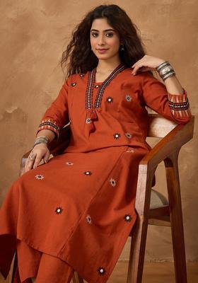 Rust Embroidered Cotton Kurta Set