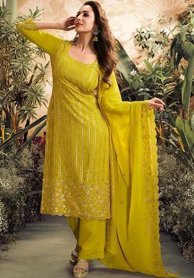 Yellow Embroidered Georgette Kurta Set
