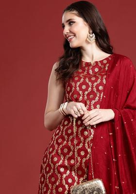 Red Printed Polyester Kurta Set