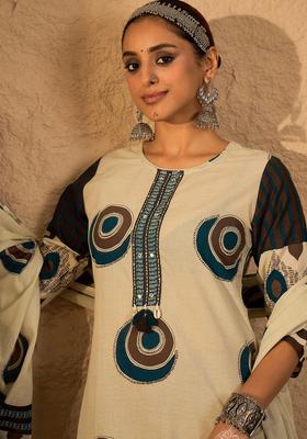 Beige Printed Cotton Kurta Set