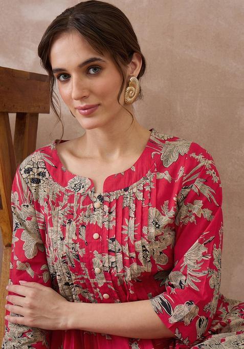 Red Printed Cotton Kurta Set — view on Indya