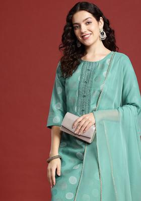 Sea Green Printed Polyester Kurta Set