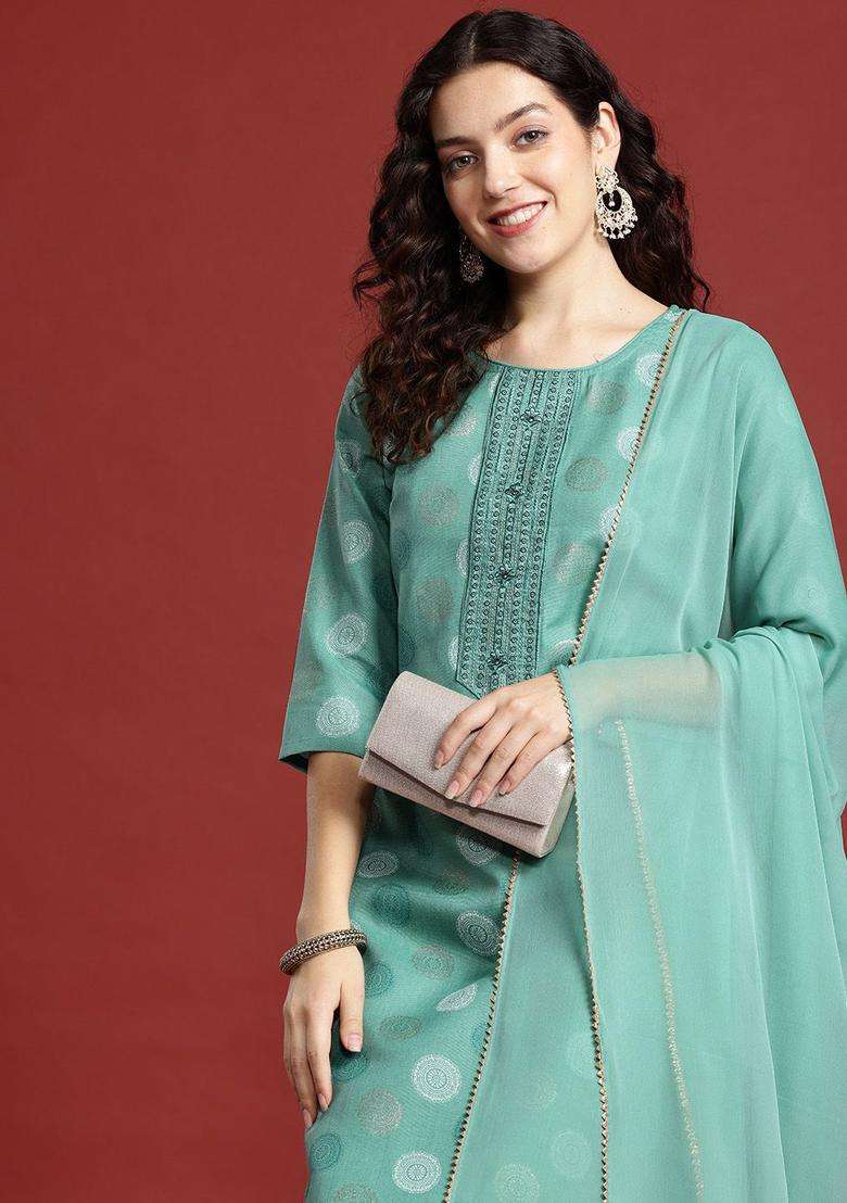Sea Green Printed Polyester Kurta Set - Indya