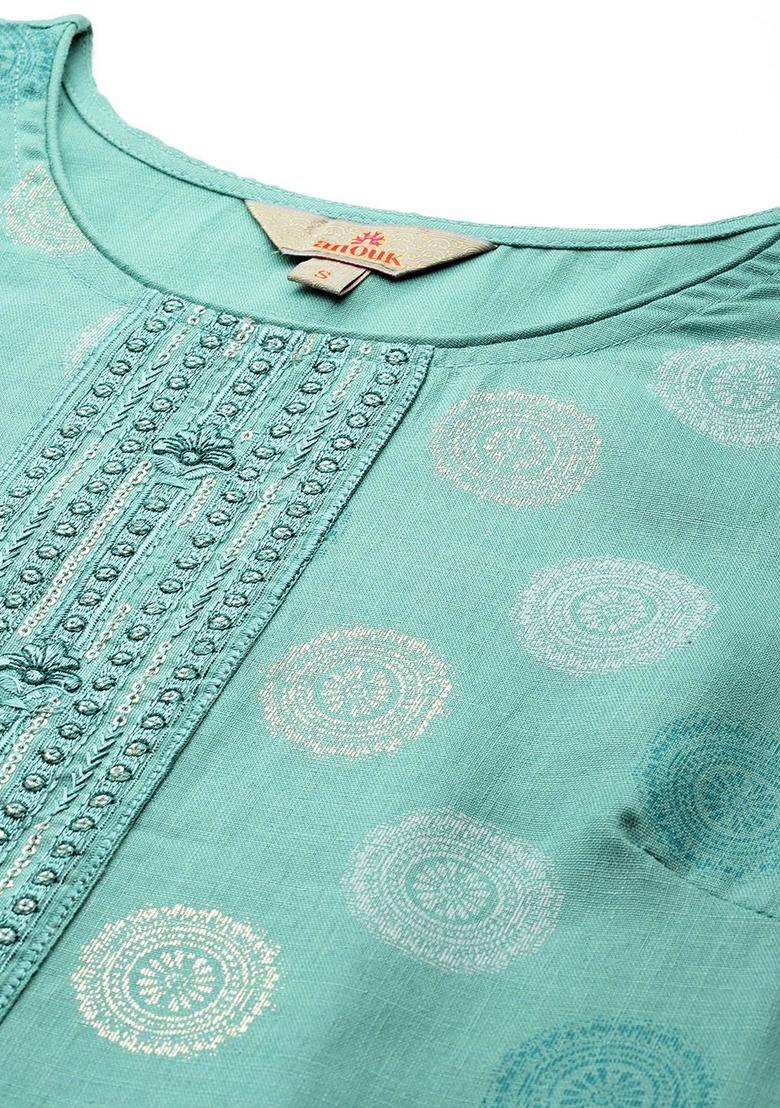 Sea Green Printed Polyester Kurta Set - Indya