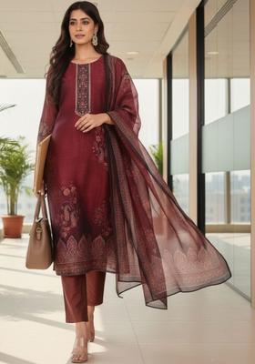 Maroon Printed Silk Blend Kurta Set