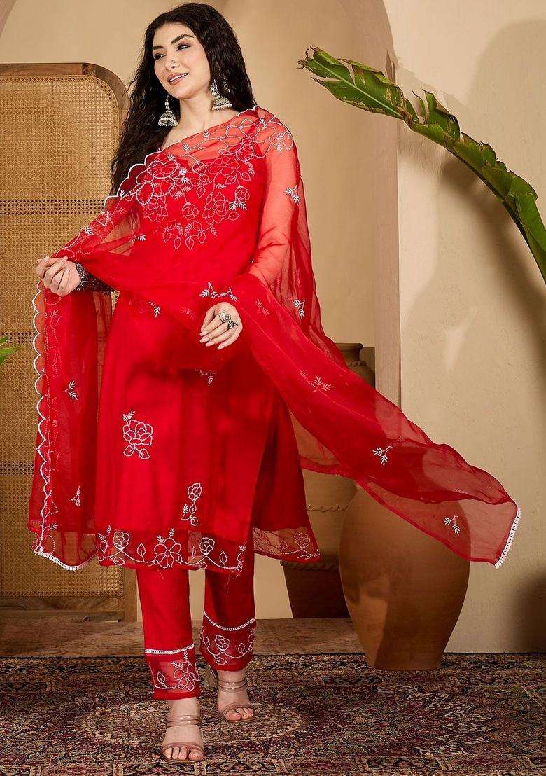 Red Embroidered Organza Kurta Set - Indya