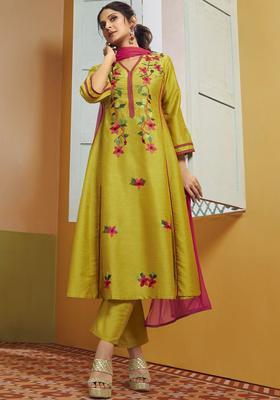 Yellow Embroidered Cotton Anarkali Set