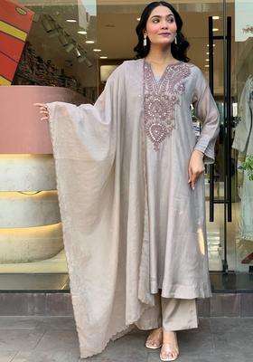 Grey Embroidered Cotton Kurta Set