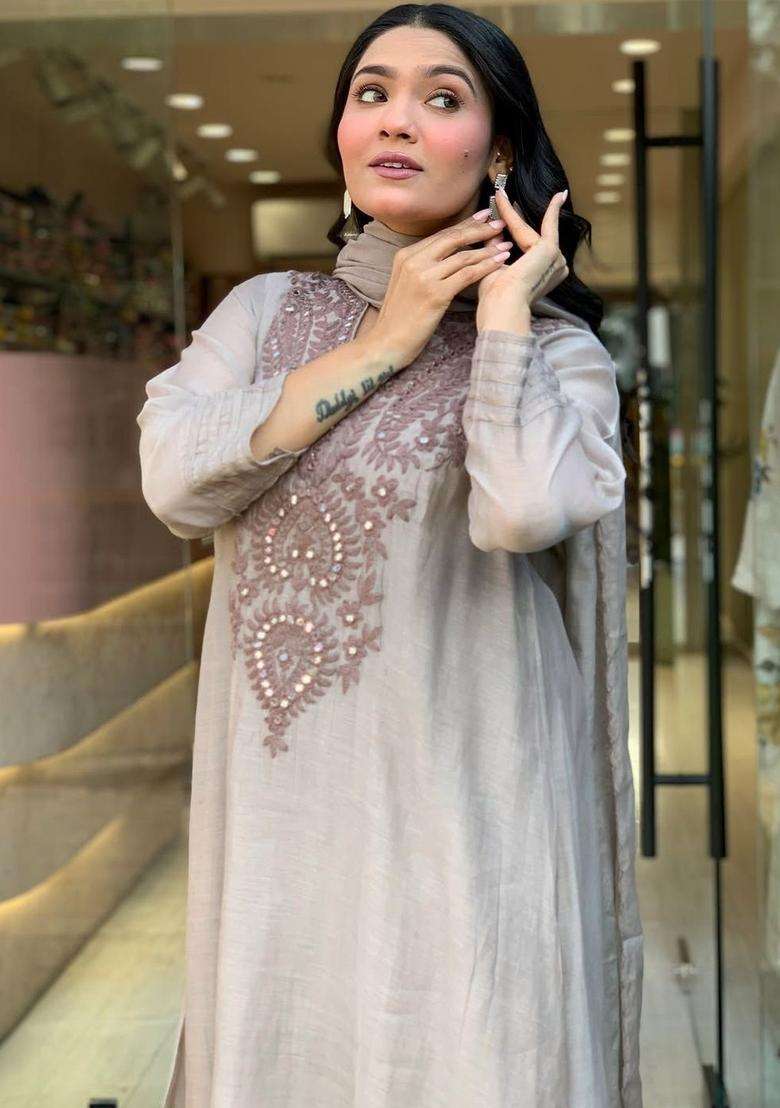 Grey Embroidered Cotton Kurta Set - Indya