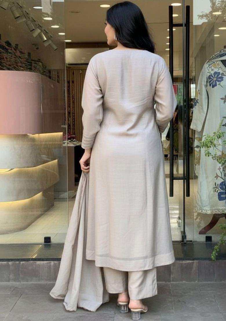 Grey Embroidered Cotton Kurta Set - Indya
