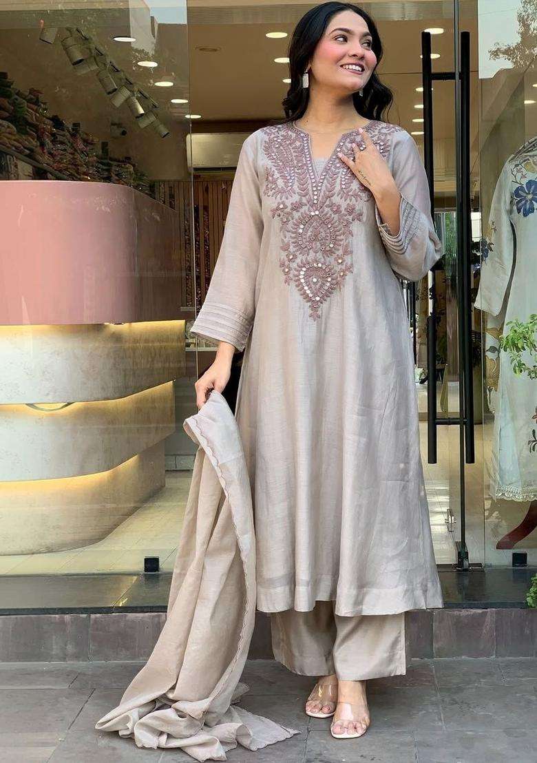 Grey Embroidered Cotton Kurta Set - Indya