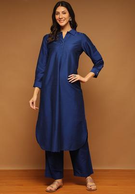 Blue Solid Silk Kurta Set