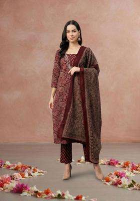 Burgundy Printed Cotton Kurta Set