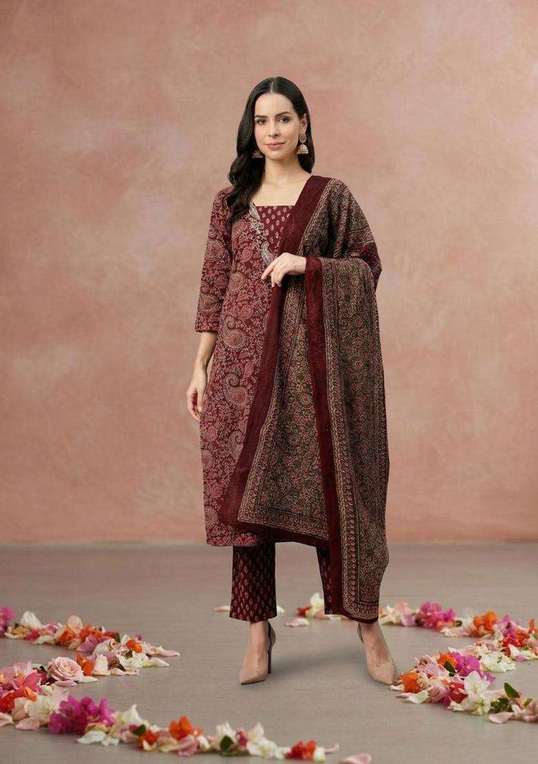 Burgundy Printed Cotton Kurta Set - Indya