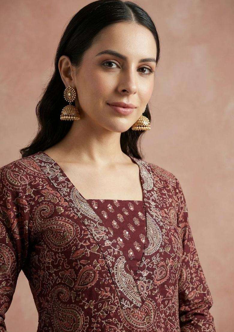 Burgundy Printed Cotton Kurta Set - Indya