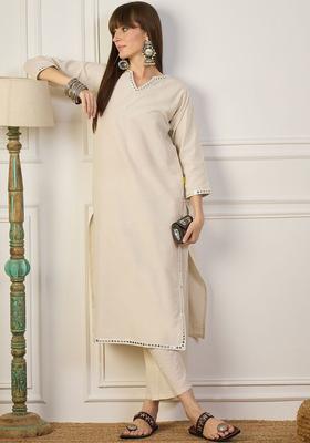 Off White Solid Cotton Kurta Set