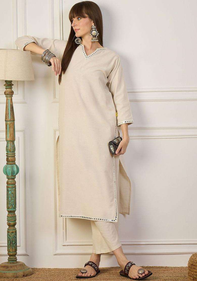 Off White Solid Cotton Kurta Set - Indya