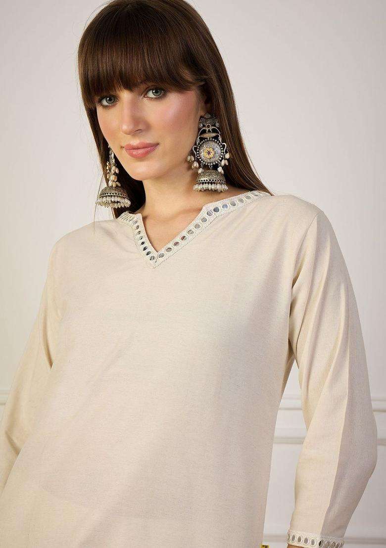 Off White Solid Cotton Kurta Set - Indya