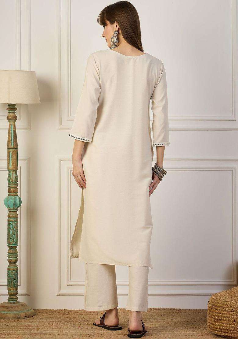 Off White Solid Cotton Kurta Set - Indya