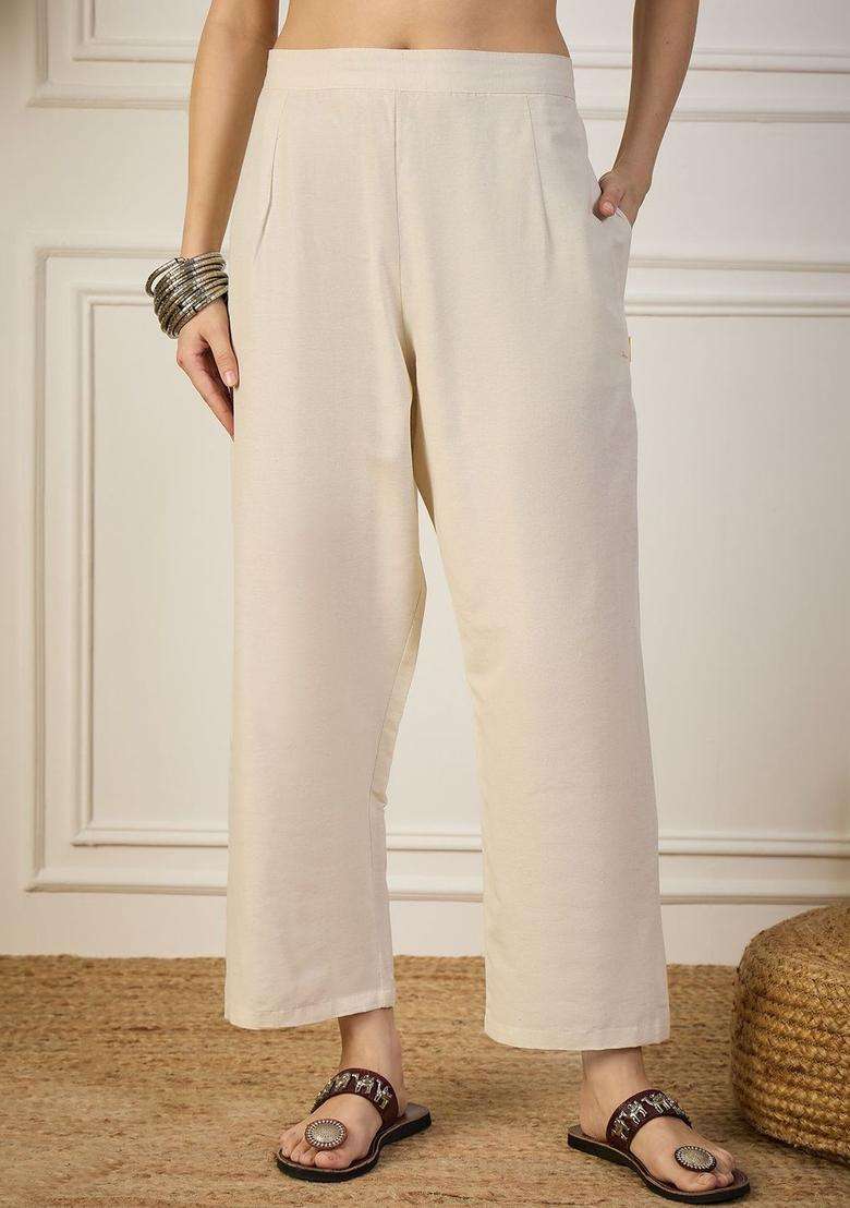 Off White Solid Cotton Kurta Set - Indya