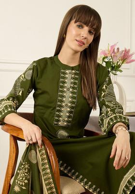 Olive Printed Cotton Kurta Set