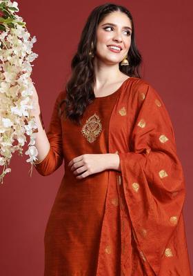 Rust Embroidered Silk Blend Kurta Set