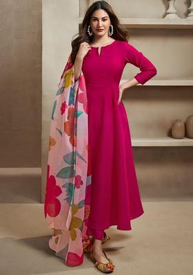 Magenta Solid Silk Anarkali Set
