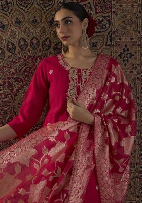 Fuchsia Embroidered Silk Kurta Set