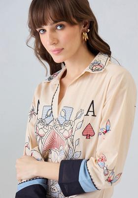 Beige Printed Cotton Kurta Set