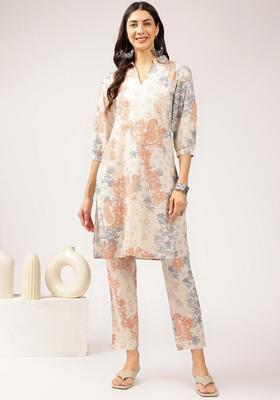 Beige Printed Cotton Kurta Set