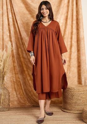 Brown Solid Cotton Kurta Set