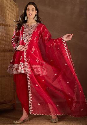 Red Embroidered Silk Anarkali Set