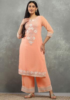 Peach Embroidered Cotton Kurta Set