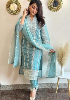 Turquoise Blue Embroidered Silk Blend Kurta Set